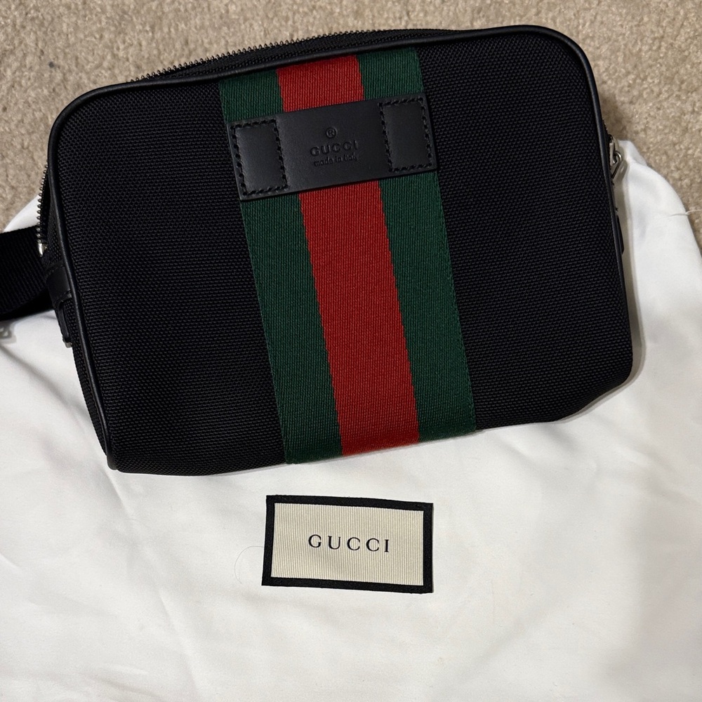 Gucci Black Belt Bag with Green and Red Stripe